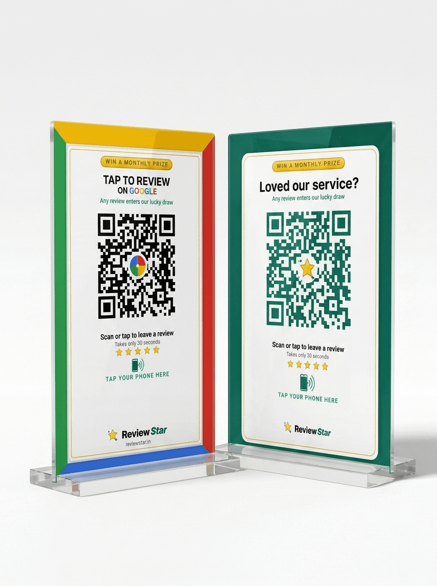 ReviewStar smart standees — two designs side by side